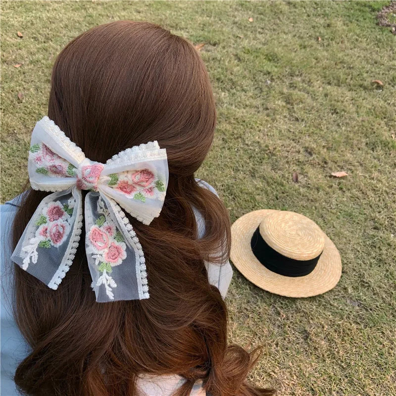 Embroidery Bow Hairclip – Vintage Floral Lace Barrette for Women