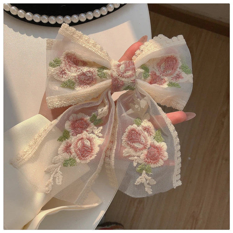 Embroidery Bow Hairclip – Vintage Floral Lace Barrette for Women