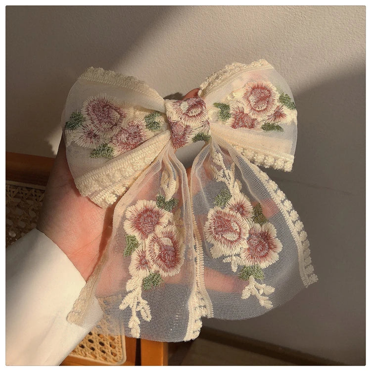 Embroidery Bow Hairclip – Vintage Floral Lace Barrette for Women