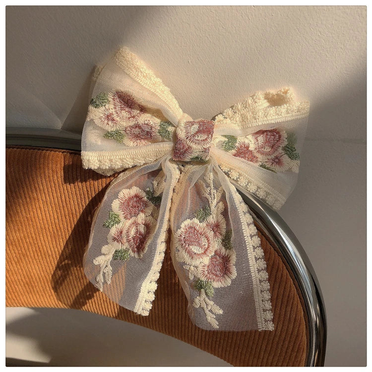 Embroidery Bow Hairclip – Vintage Floral Lace Barrette for Women