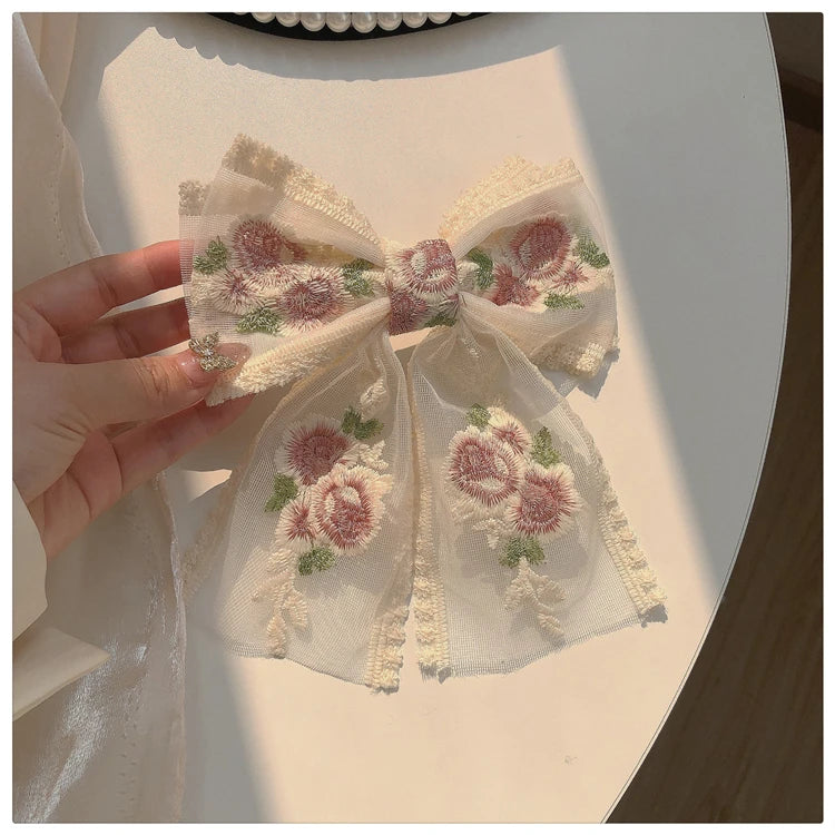 Embroidery Bow Hairclip – Vintage Floral Lace Barrette for Women