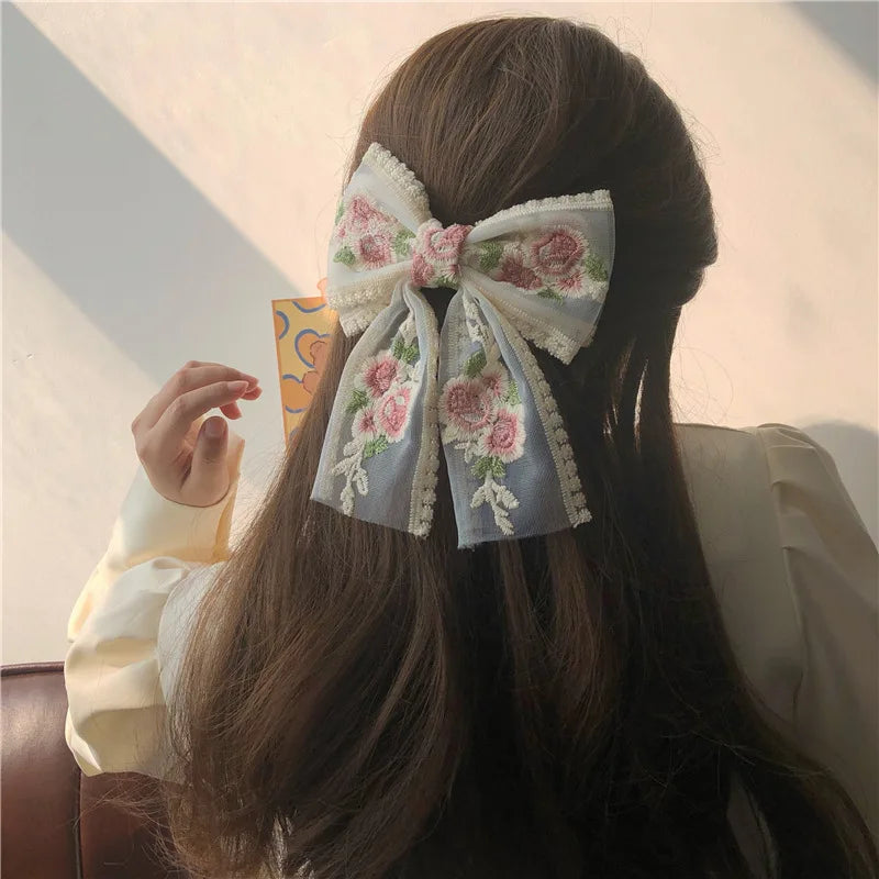 Embroidery Bow Hairclip – Vintage Floral Lace Barrette for Women
