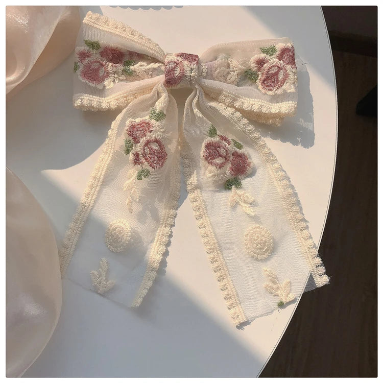 Embroidery Bow Hairclip – Vintage Floral Lace Barrette for Women