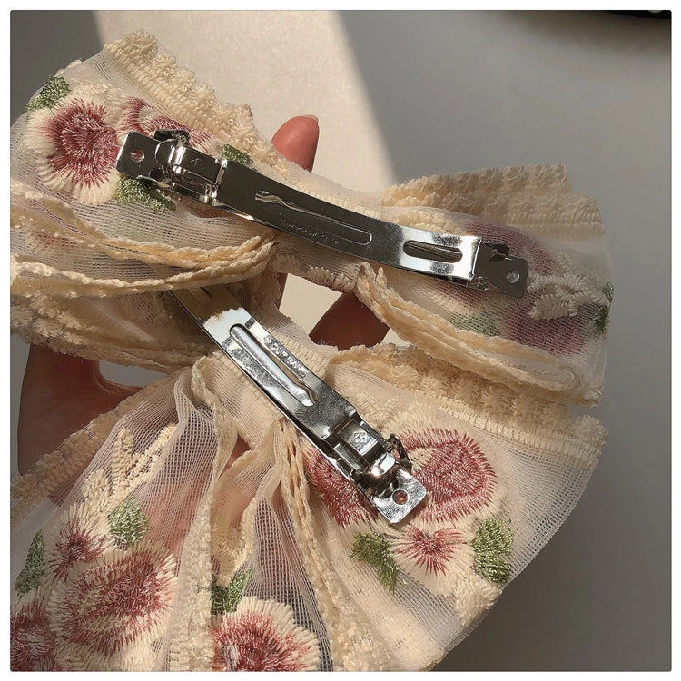 Embroidery Bow Hairclip – Vintage Floral Lace Barrette for Women