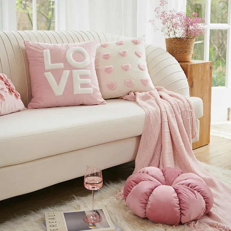 Romantic Heart Throw Pillow Cover – Modern Pink Ins Style Cushion for Sofa or Bed