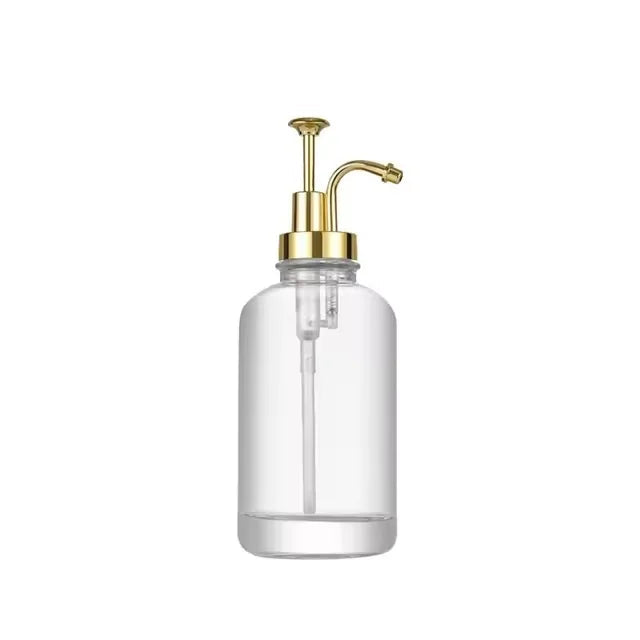 Glass Syrup & Coffee Dispenser — Elegant Golden Pump Bottle for Cozy Mornings