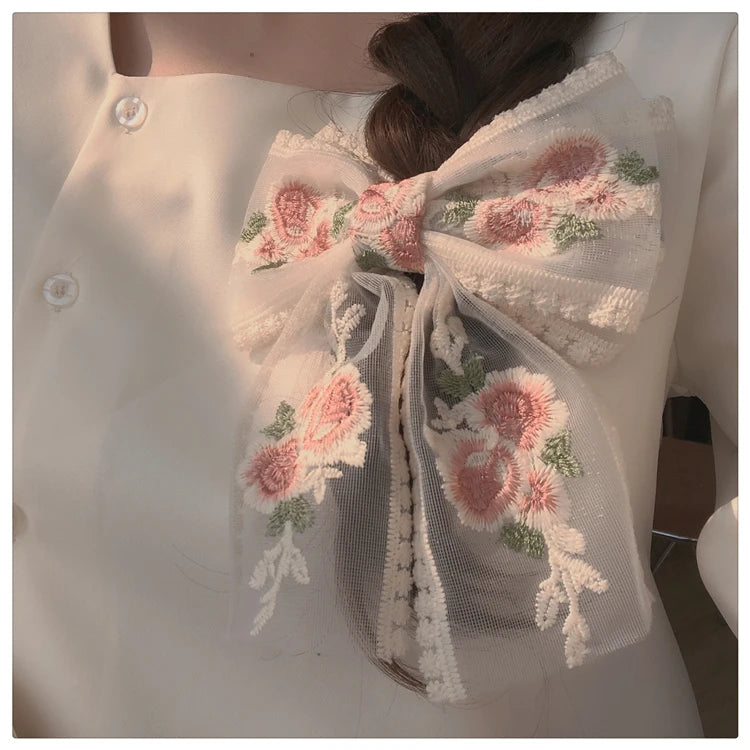 Embroidery Bow Hairclip – Vintage Floral Lace Barrette for Women