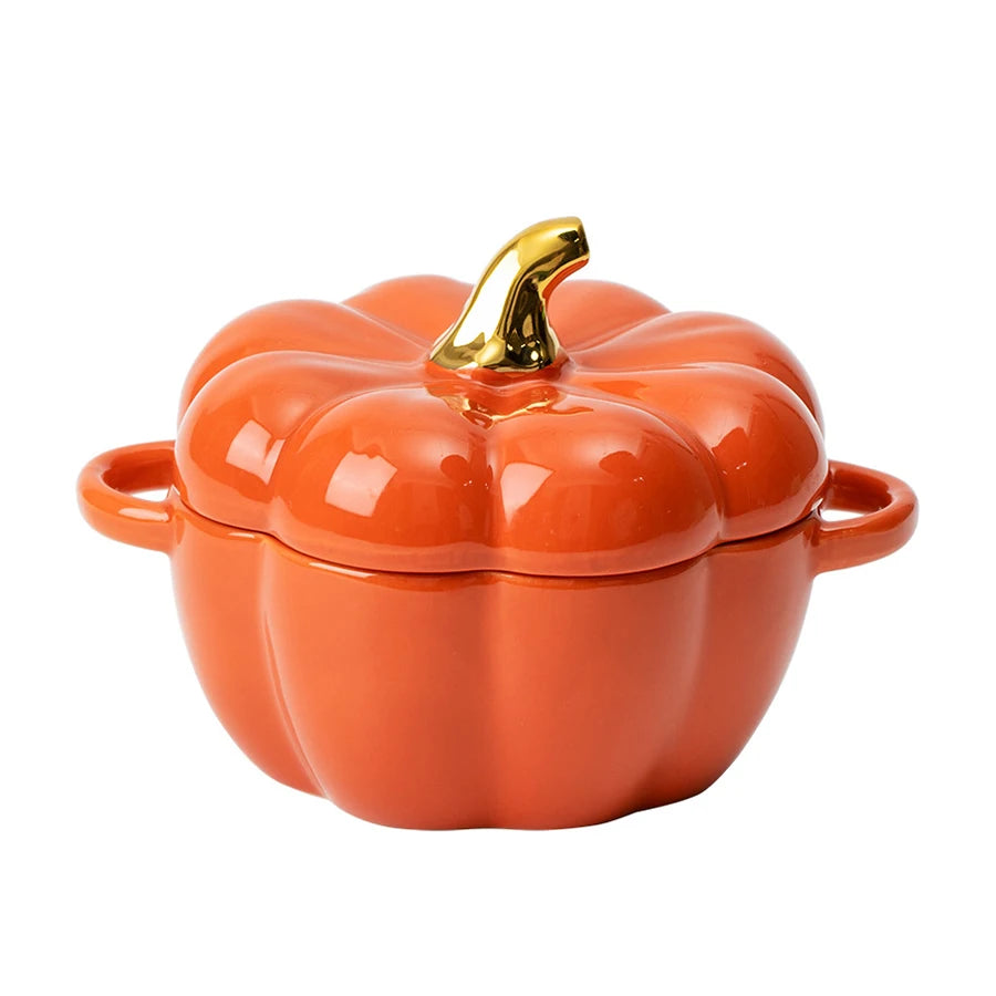 Pumpkin Ceramic Bowl — Cozy Fall Tableware with Golden Stem Lid