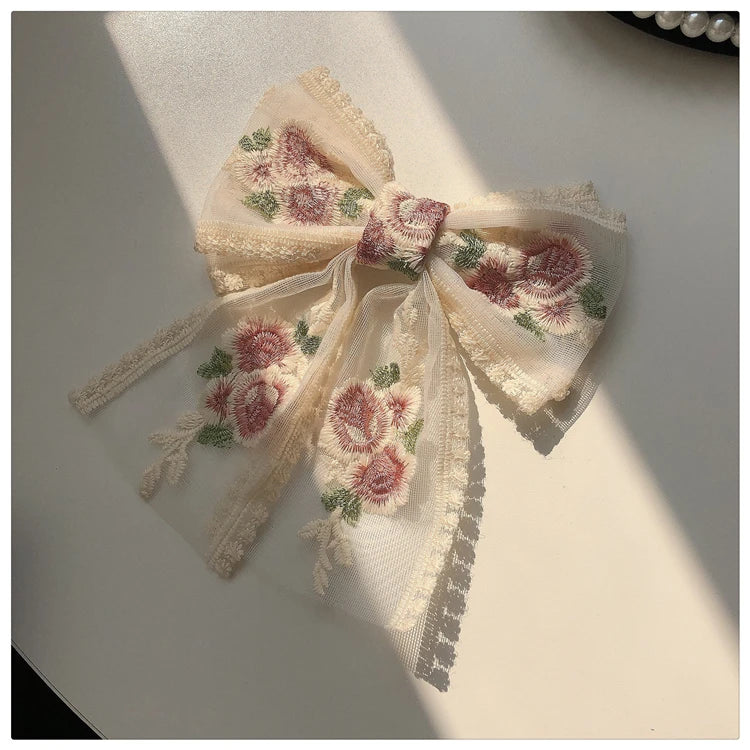Embroidery Bow Hairclip – Vintage Floral Lace Barrette for Women