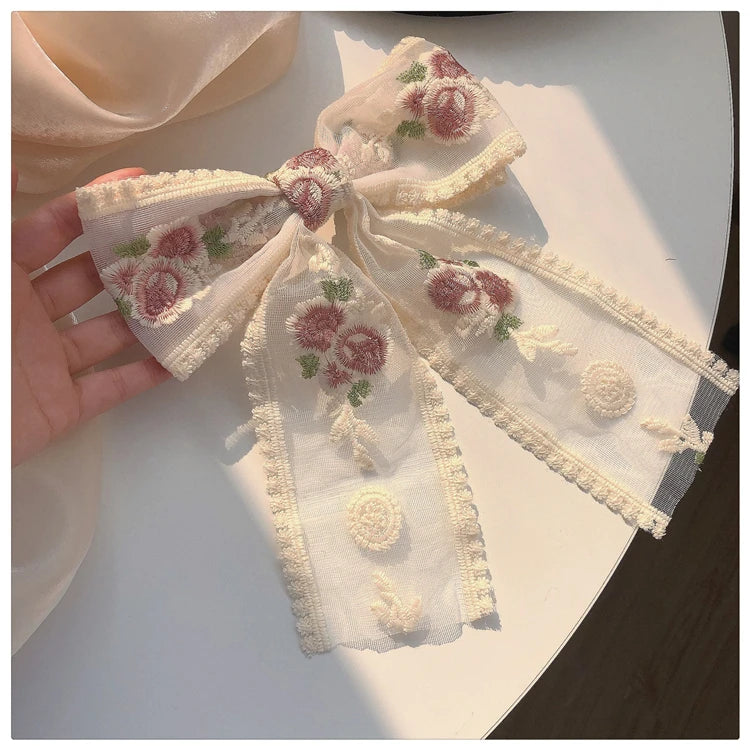 Embroidery Bow Hairclip – Vintage Floral Lace Barrette for Women