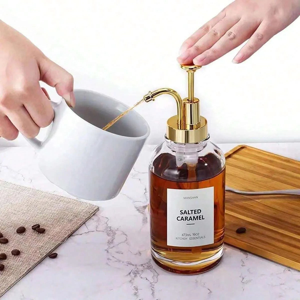 Glass Syrup & Coffee Dispenser — Elegant Golden Pump Bottle for Cozy Mornings