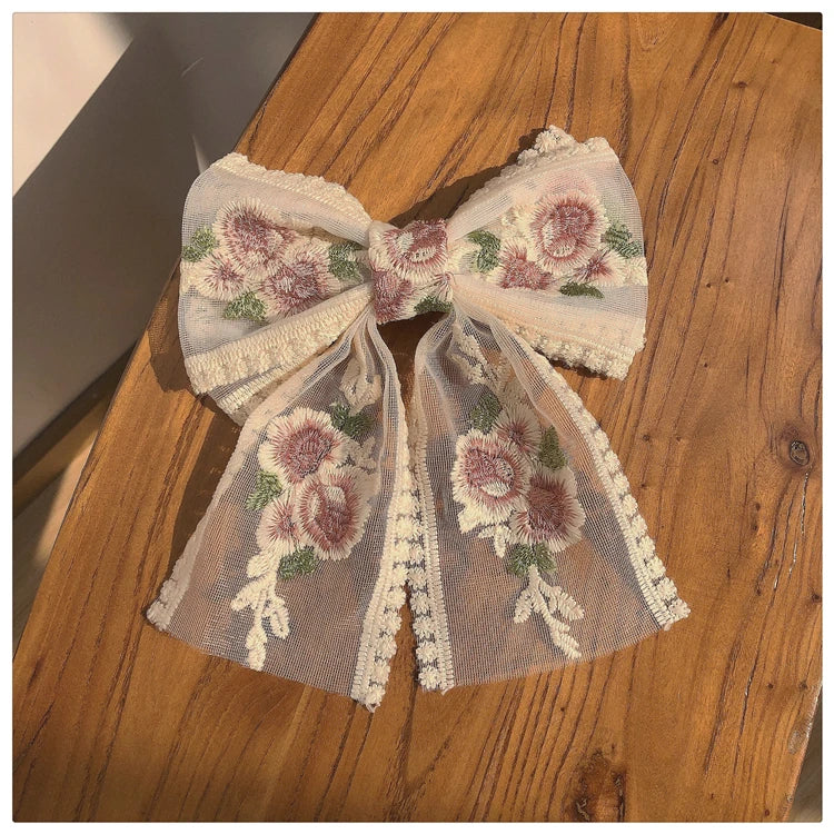 Embroidery Bow Hairclip – Vintage Floral Lace Barrette for Women