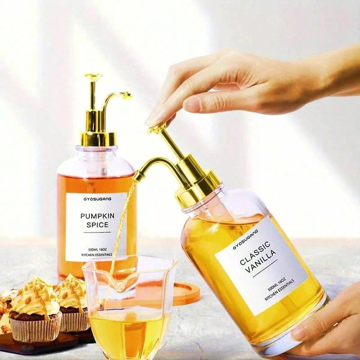 Glass Syrup & Coffee Dispenser — Elegant Golden Pump Bottle for Cozy Mornings