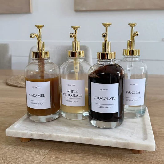 Glass Syrup & Coffee Dispenser — Elegant Golden Pump Bottle for Cozy Mornings