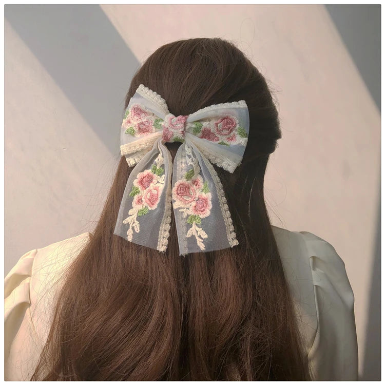 Embroidery Bow Hairclip – Vintage Floral Lace Barrette for Women