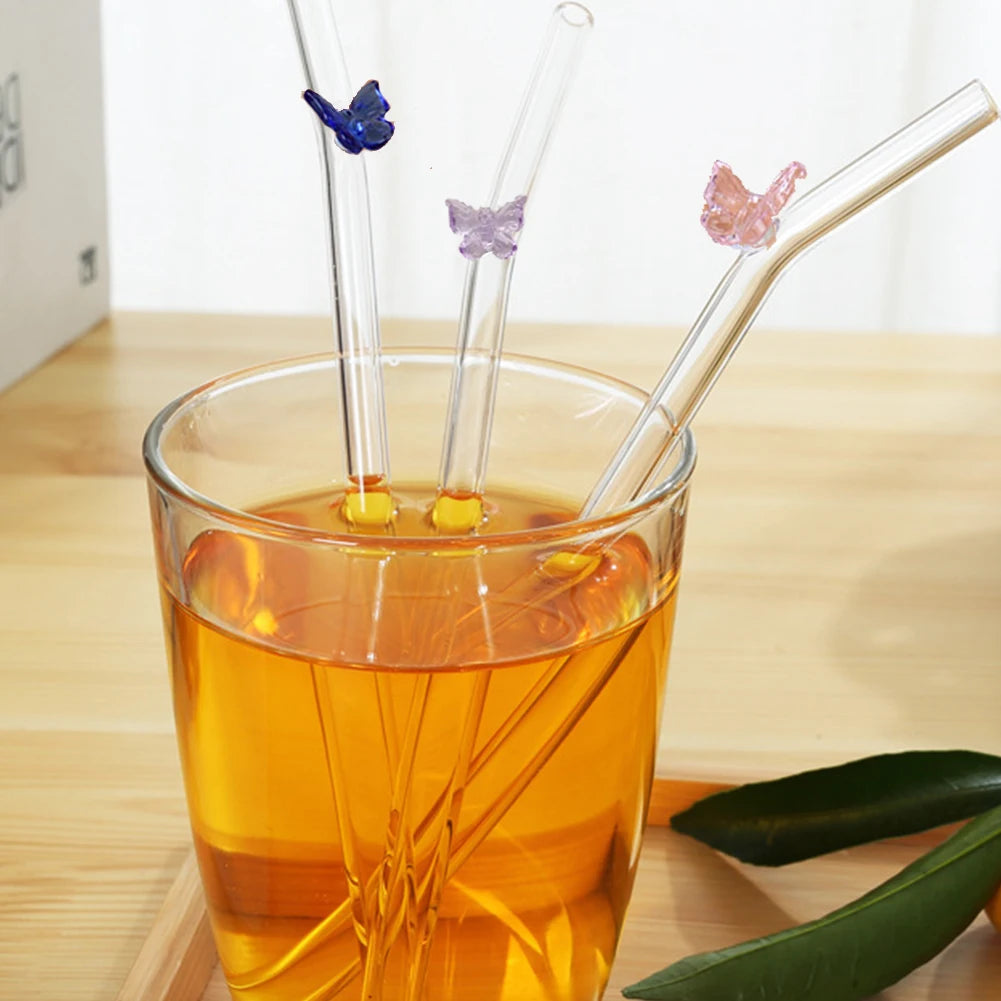 Reusable Glass Straws with Butterfly – Eco-Friendly Borosilicate Drinking Straw for Smoothies and Cocktails