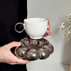 Bubble Bloom Ceramic Mug & Saucer Set | Aesthetic Flower Coffee Cup for Latte, Tea & Soft Morning Routines