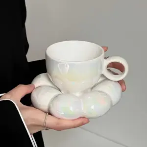 Bubble Bloom Ceramic Mug & Saucer Set | Aesthetic Flower Coffee Cup for Latte, Tea & Soft Morning Routines