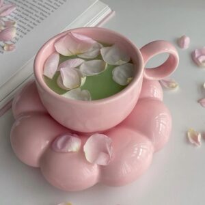 Bubble Bloom Ceramic Mug & Saucer Set | Aesthetic Flower Coffee Cup for Latte, Tea & Soft Morning Routines