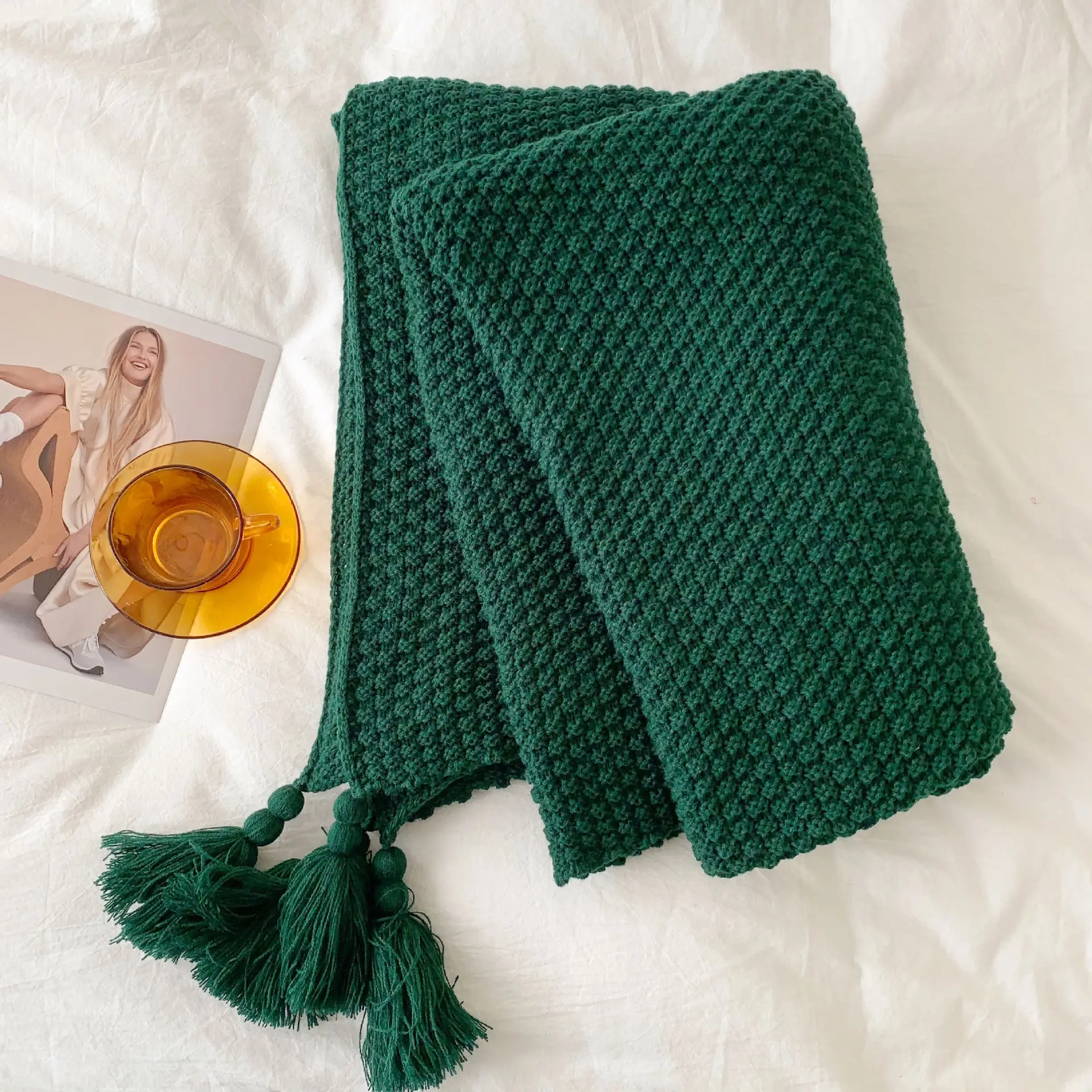 Café Plaid Knit Throw Blanket | Cozy Tassel Sofa Throw - Image 3